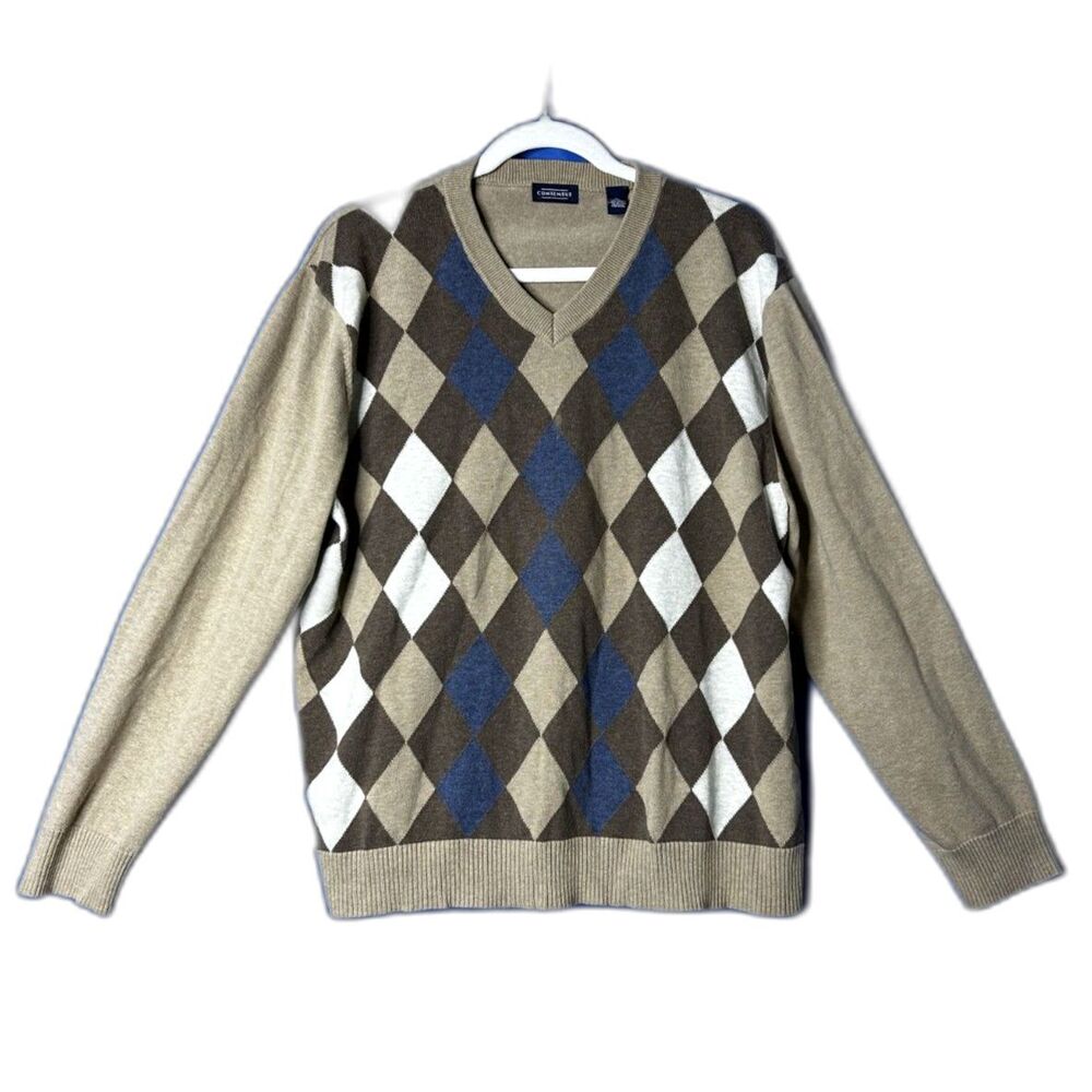 Men's Cream Argyle Diamond Wool Blend Sweater Sz L Preppy Academia Collegiate